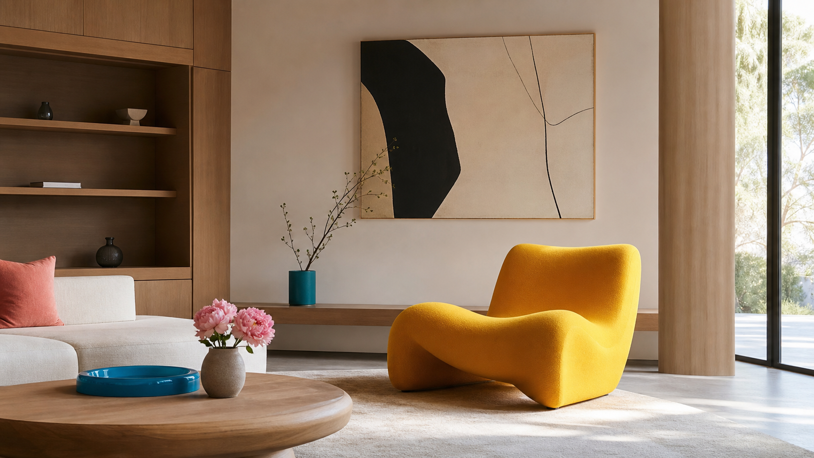 A sculptural yellow chair in a warm minimalist living room