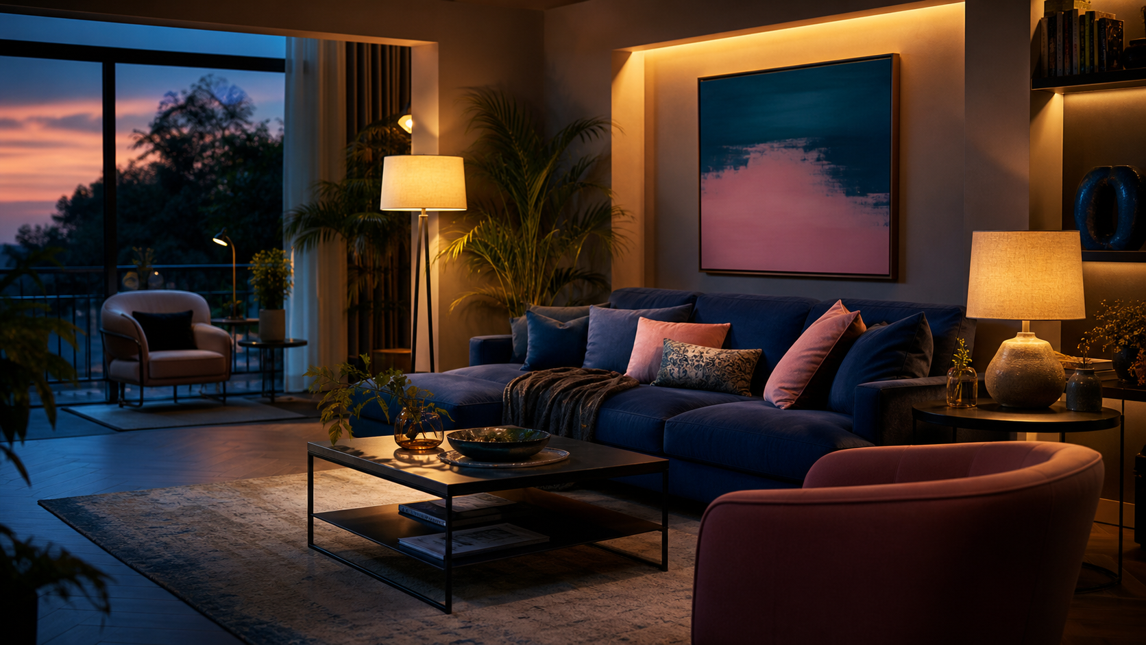 A living room illuminated by layered floor, table and indirect lamps