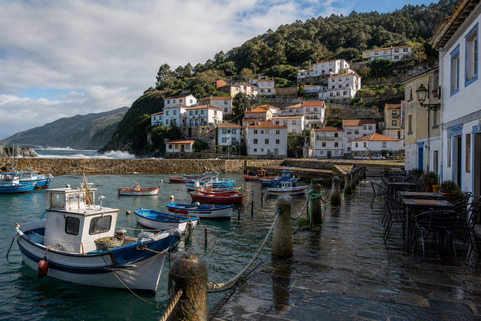 Colourful boats in a quiet fishing harbour on Spain’s north coast