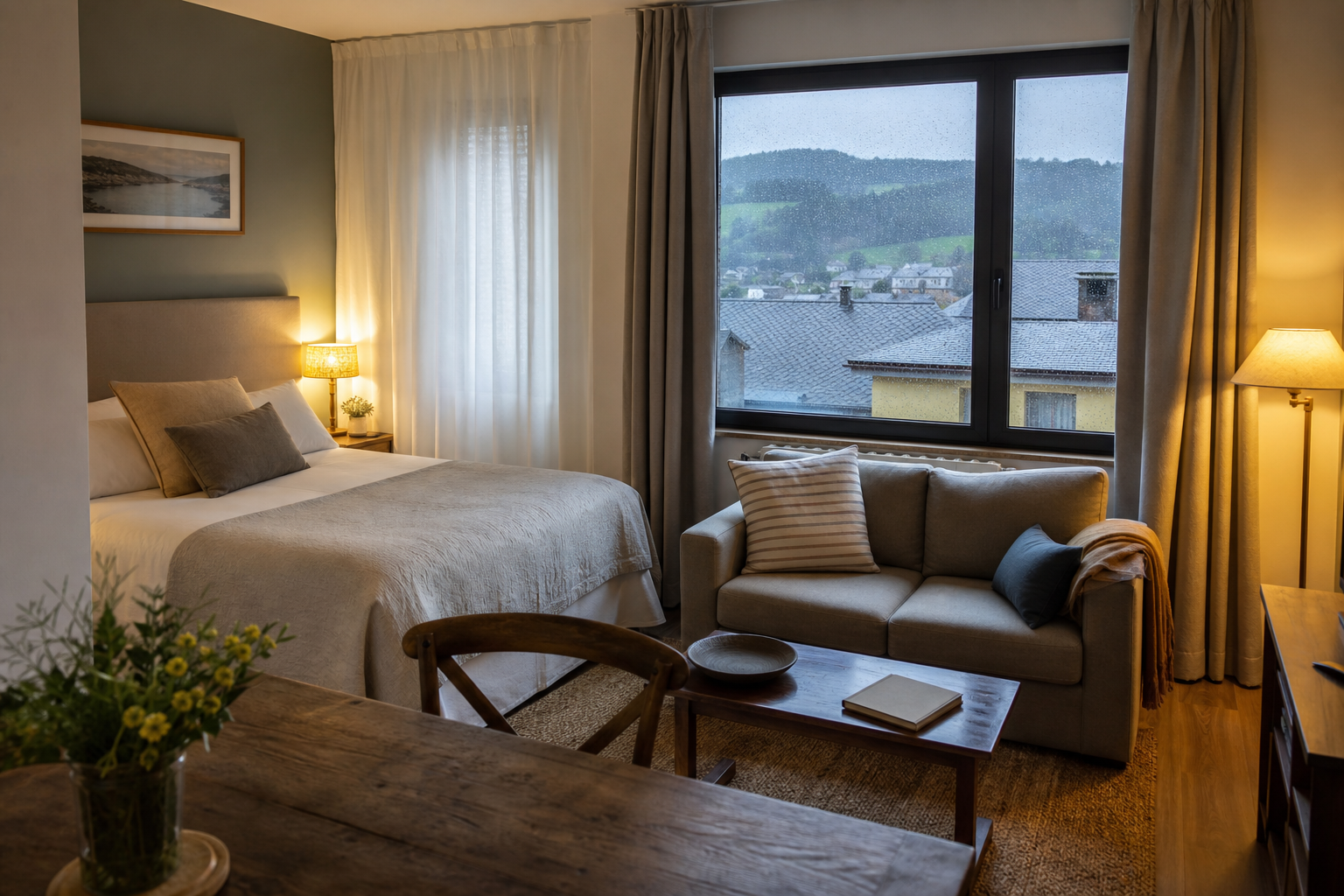 A warm apartment-hotel room overlooking green hills after rain