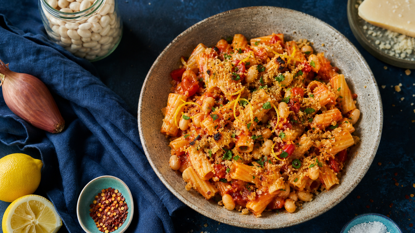 A bowl of glossy pantry pasta with beans, breadcrumbs, lemon and herbs
