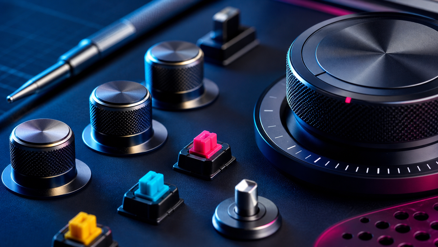 Close-up arrangement of tactile knobs, switches and dials