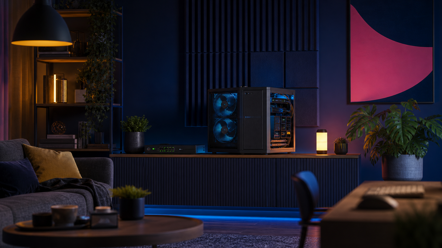 A quiet home server with large cooling fans in a stylish living room