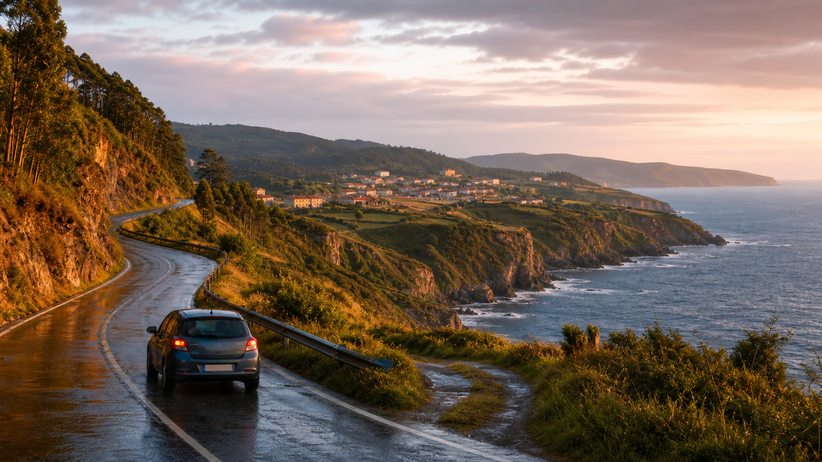 A small car following a winding coastal road in northern Spain
