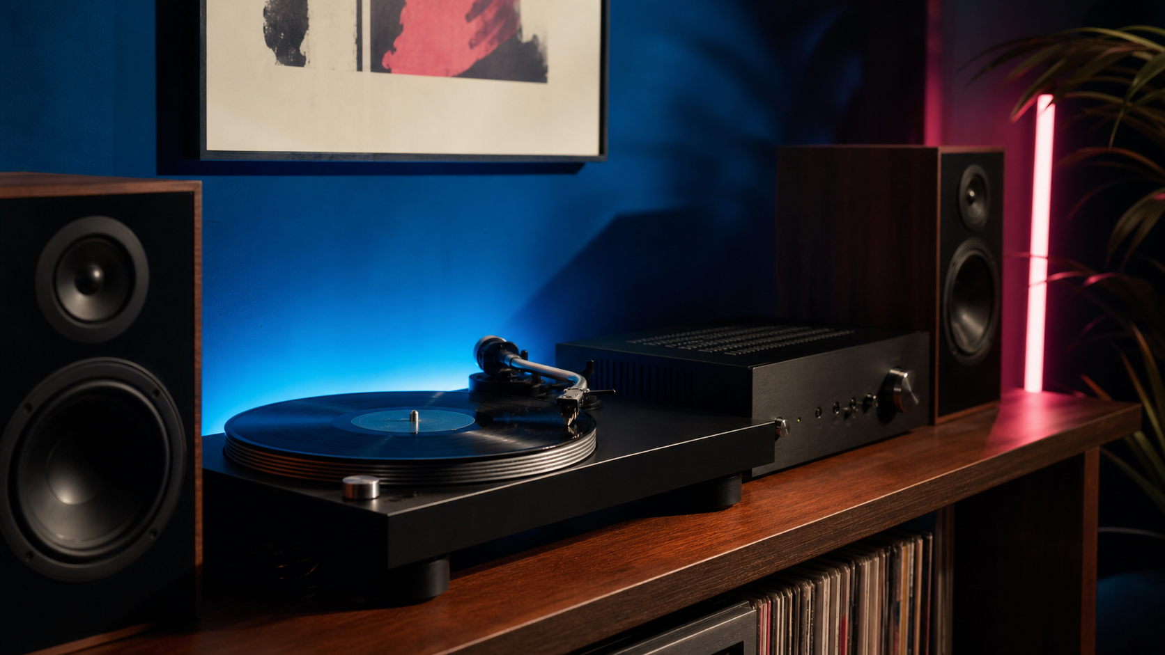 A straightforward turntable, amplifier and speaker setup in a warm room