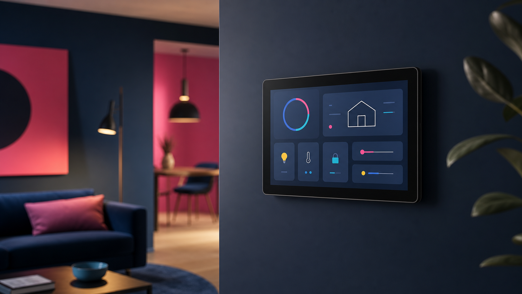 A simple wall-mounted smart-home dashboard in a colorful interior