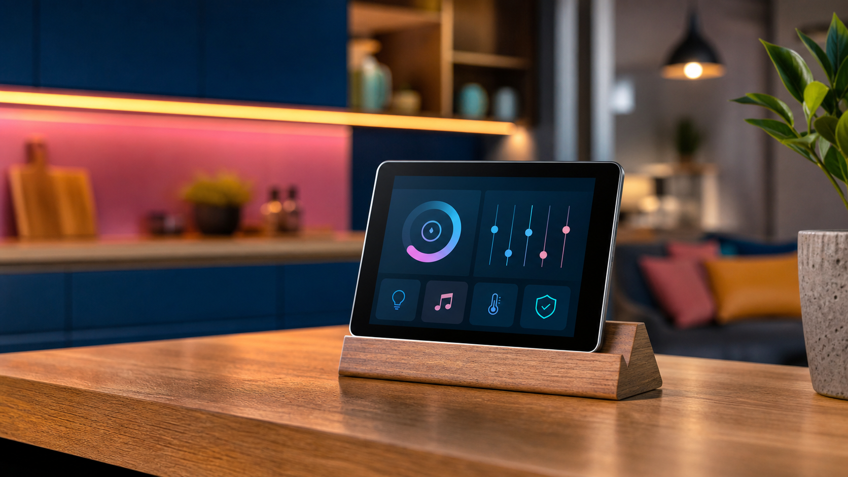 An older tablet reused as a smart-home controller on a wooden stand