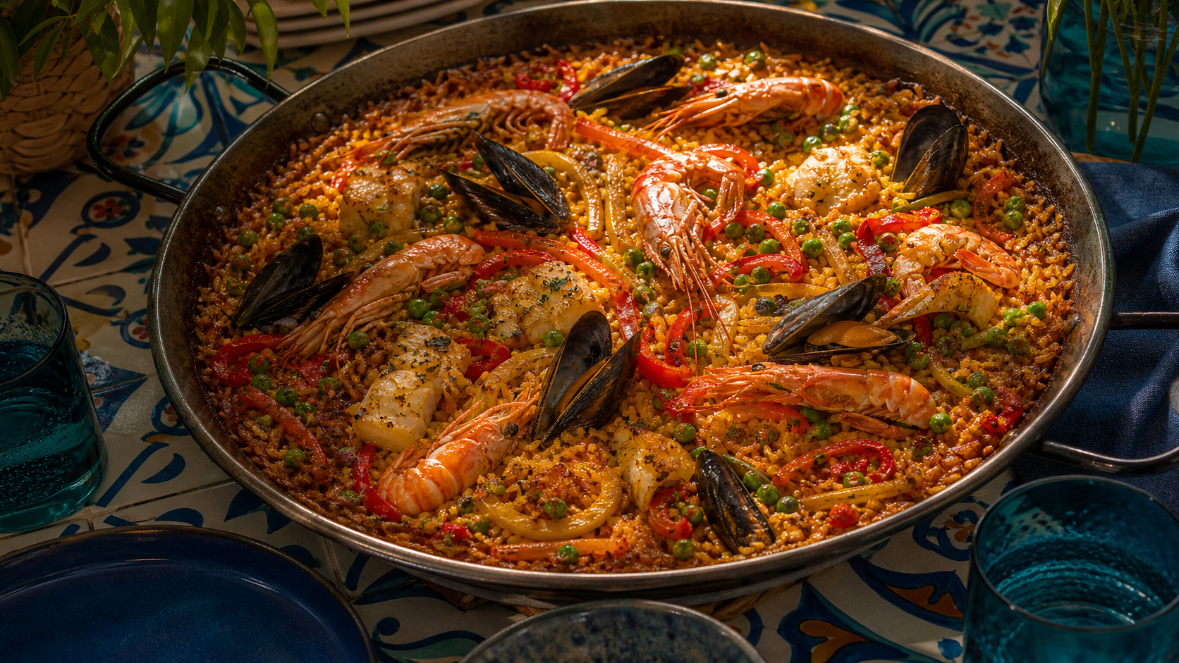 A broad pan of saffron paella photographed in warm afternoon light