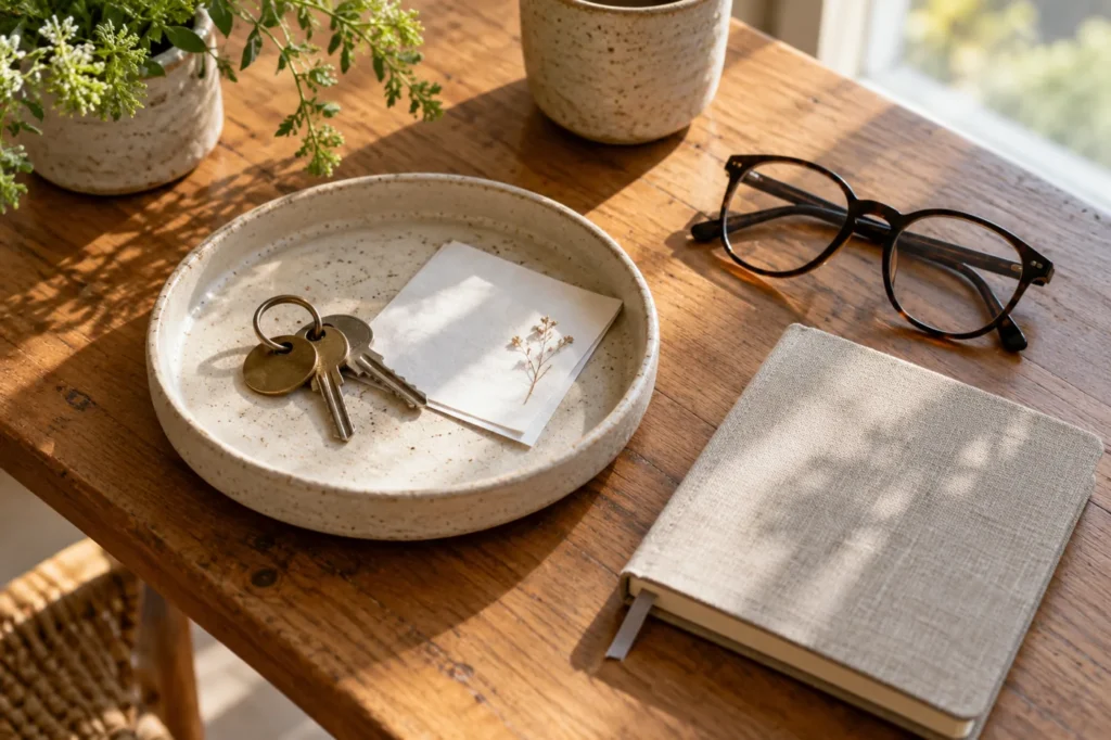A ceramic tray, keyring, note, glasses and linen notebook on a wooden table